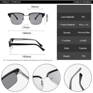 2025 Trendy Retro TR90 Driving Sun Glasses UV400 Half <b>Frame</b> <b>Square</b> Sunglasses for Men - Product Image 5