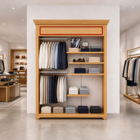 Vitrine de présentation en fer à grain de chêne avec moulure de couronne, cadre de signalétique rouge et étagères décalées pour la vente au détail et la vente en gros
