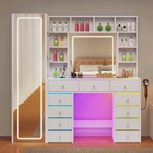 Full Length Smart LED Mirror Rustic Wood Makeup Vanity <strong>Desk</strong> Transparent <strong>Top</strong> 11 RGB <strong>Drawers</strong> 10 Shelves 3 - Product Image 1