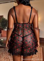 Set Lingerie Babydoll Hitam Transparan dengan Cetakan Bibir Merah, Pakaian Tidur Jaring Seksi, Gaun Teddy Berenda Plus Size, Video Lingerie