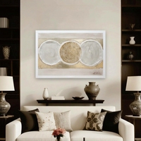 Peintures abstraites texturées or et blanc à trois cercles, art mural, design abstrait haut de gamme pour la décoration intérieure