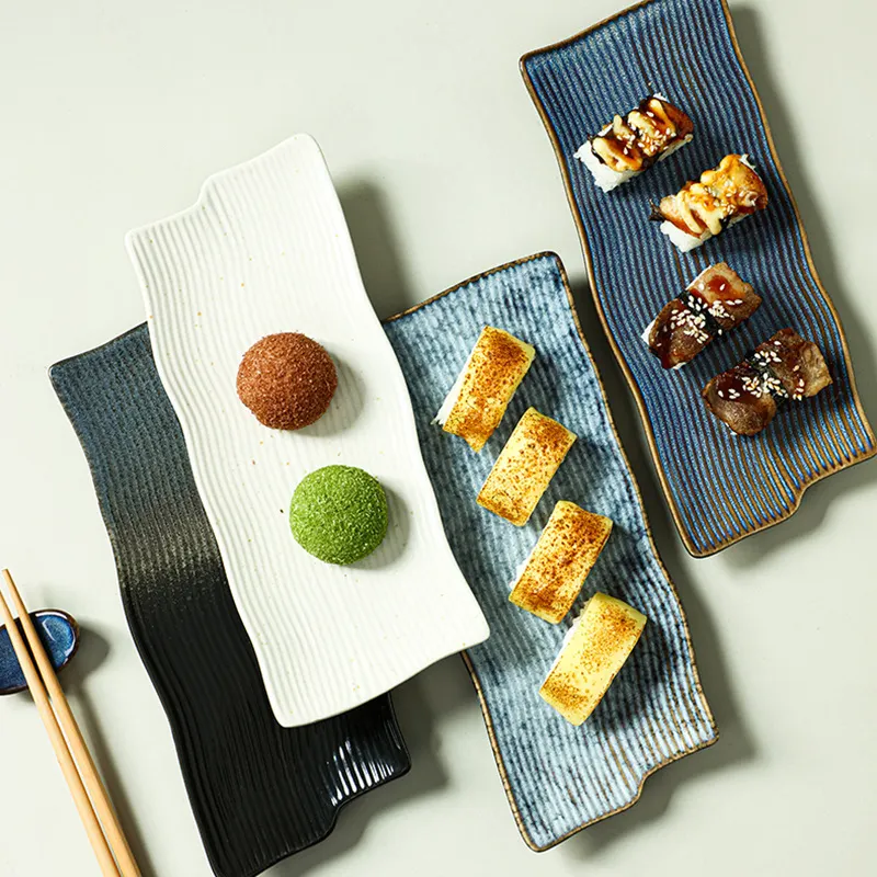 Vintage nordic style striped design sushi plates for restaurant food display double reactive glaze irregular sushi plates