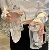 Tasses en verre carrées personnalisées avec poignée Vente en gros Tasse à thé en verre nervuré à rayures verticales Tasse à lait avec couvercle