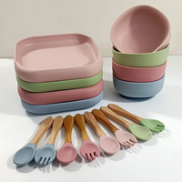 Produits pour bébés en silicone, assiette carrée à ventouse antidérapante, bol à soupe, cuillère et fourchette en silicone avec manche en bois, ustensiles de repas en silicone souple
