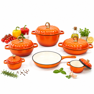 Juego de utensilios de <span class=keywords><strong>cocina</strong></span> de hierro fundido esmaltado de 11 piezas, color rojo calabaza, con horno holandés, cacerola, sartén y mini ollas, con pomo dorado, para <span class=keywords><strong>cocina</strong></span> - Product Image 1