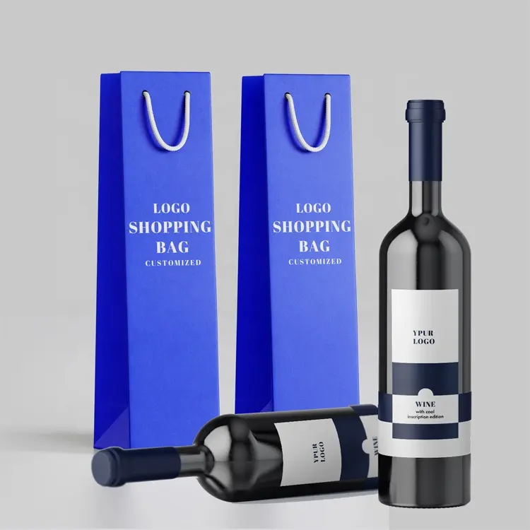 ถุงกระดาษบรรจุภัณฑ์ขวดไวน์สีแดงกระดาษแข็งพิมพ์ลายสุดหรูถุงกระดาษของขวัญไวน์สีฟ้าพร้อมโลโก้ของคุณเอง