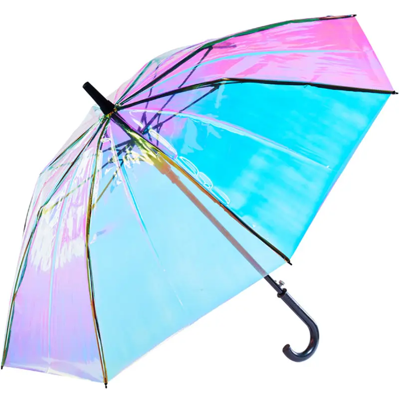 P263プラスチックPVCホログラフィック傘ファッションレインサンシェードロングハンドル透明傘