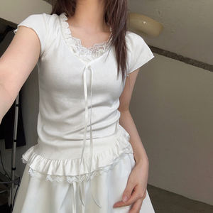 Romantic Breathable Lace <b>Patchwork</b> V-Neck Blouse Women Ruffle Trim Cute <b>Top</b> Kawaii Frill Casual Summer Shirt Digital Printing - Product Image 1