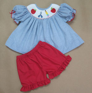 Ensemble de vêtements pour filles brodés à la main, tenue pour la rentrée scolaire, haut à rayures bleues, short rouge, vêtements brodés avec un crayon Apple - Product Image 5