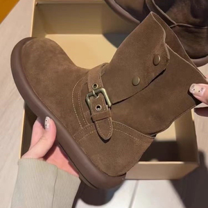 Botas Femininas Vintage de Camurça com Fivela, Cano Médio Dobrável, Plataforma Grossa Antiderrapante e Sola de Borracha – Estilo Retrô Casual – Lançamento Quente - Product Image 1