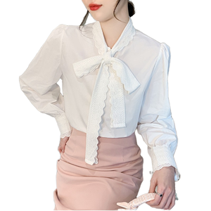 8721 #   Chemisier tricoté simple à col nœud papillon, élégant, à manches longues, uni, respirant, pour le printemps et l'été, style OL décontracté - Product Image 1