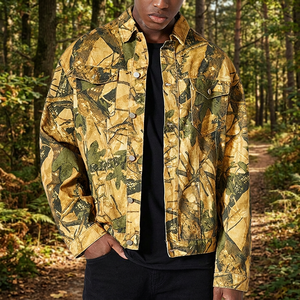 <b>Men's</b> Denim Windbreaker Safari <b>Jacket</b> Belt Closure Tree <b>Camo</b> Pattern Custom Printing Waterproof Breathable 100% Cotton - Product Image 3