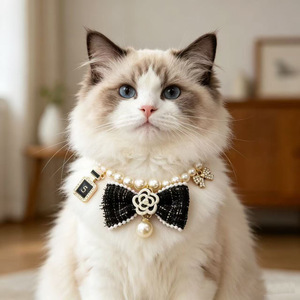 Collar de Tweed con Lazo y Perlas para Mascotas, Diseño Elegante de Flor de Camelia, Transpirable y Ajustable para Perros Pequeños - Product Image 1