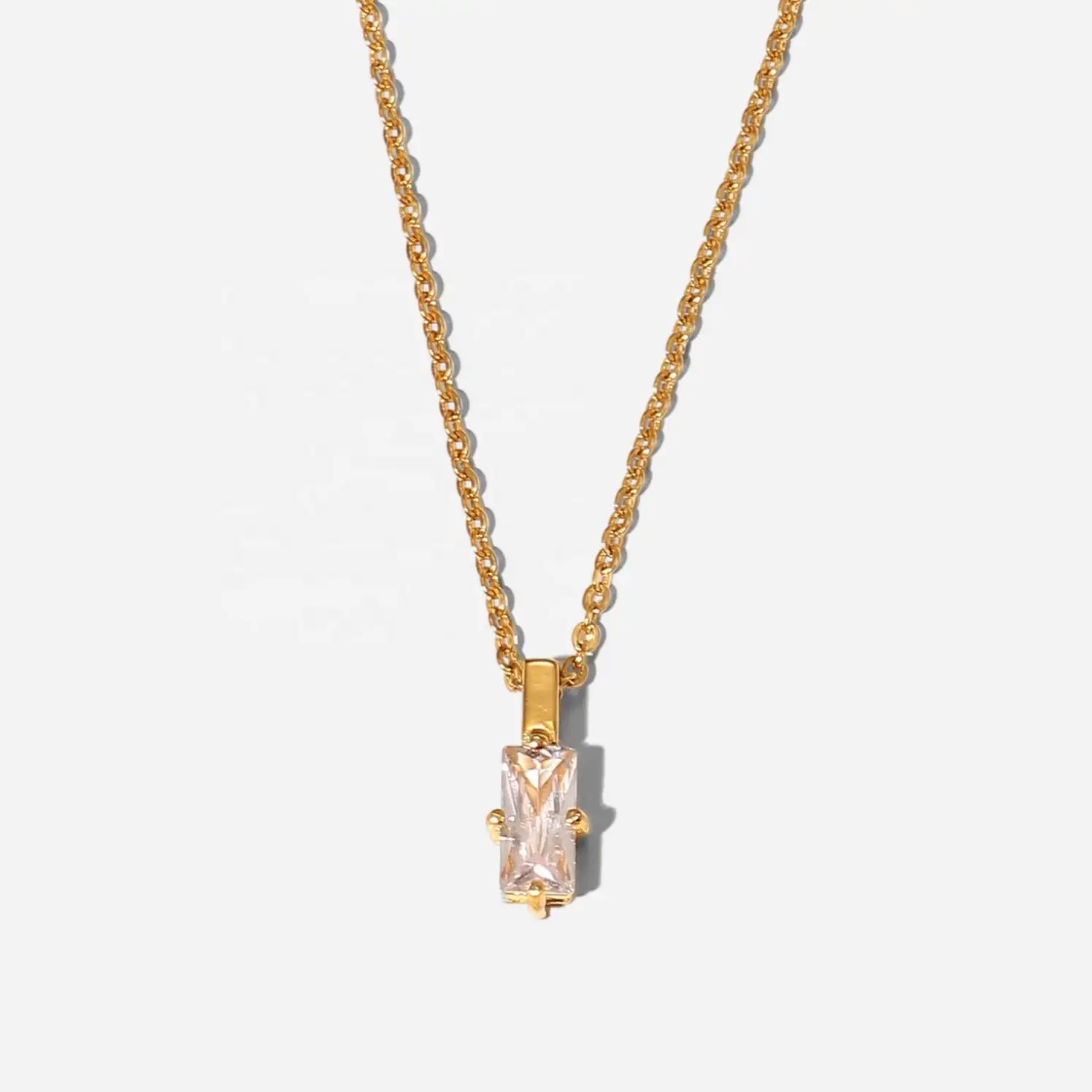 21K banhado a ouro quadrado aço inoxidável brilhante claro zircão pingente colar collier femme para mulheres