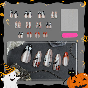<span class=keywords><strong>Faux</strong></span> ongles à thème Halloween avec motif fantôme, longs ongles nude en amande à presser, imprimé citrouille et chauve-souris, ongles réutilisables en ABS pour fête costumée - Product Image 2