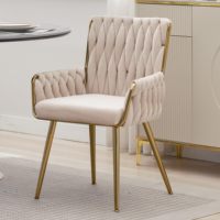 Chaises de salle à manger modernes en velours, chaises de bureau rembourrées tissées à la main avec pieds et accoudoir en métal doré