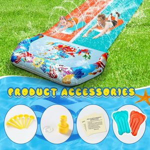 Toboggan aquatique à double voie avec imprimé océan, arroseur et matelas de chute pour le plaisir des enfants dans la cour - Product Image 6