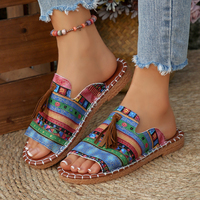 Sandales à franges ethniques bohèmes pour femmes, imprimées colorées, confortables, à bout ouvert, pour l'été, décontractées, plage