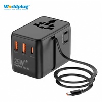 Worldplug Tous les ports Charge rapide GaN 25W International Plug Adaptateur Chargeur Adaptateur secteur universel de voyage dans le monde entier avec câble
