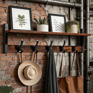 Solid Wood Wall Mounted Coat Rack With Shelf And <b>Hooks</b> For Entryway Storage And Organization - Product Image 1