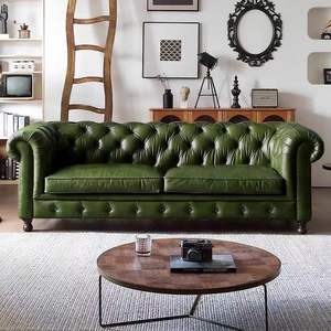 أريكة تشيسترفيلد جلدية مخصصة بتصميم عتيق مع أزرار ومساند ذراع ملفوفة، مناسبة لغرفة المعيشة والمكتب والفندق - Product Image 2