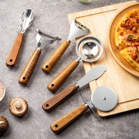 Ensemble d'ustensiles de cuisine en bois d'acacia, éplucheur en acier inoxydable, râpe à fromage, roulette à pizza, outils de pâtisserie combinés