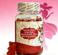 Bonbons gélifiés fruités sans sucre, riches en fer, à double effet naturel, favorisant l'absorption du fer, avec cerise conifère et datte rouge