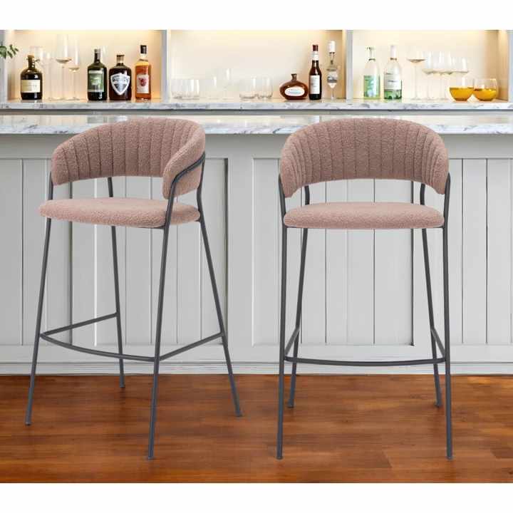 HMS Set of Two 30\" Brown and Black Shearling Leather Steel Low Back Bar Height Bar Stools with Chairs