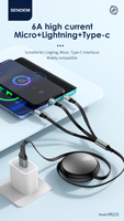 Câble tressé de charge rapide 3-en-1 M21S 100W, compatible avec 8Pin, Type-C, Micro USB, cordon de chargeur de voiture multi-têtes