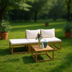 Ensemble de salon de jardin en teck minimaliste, crème et bois naturel, 4 places - Product Image 2
