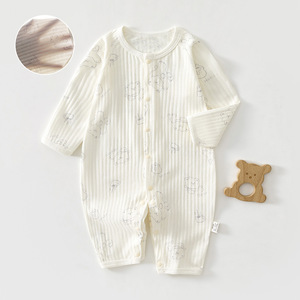 Combinaison pour bébé en coton pur à manches longues unisexe, fine, respirante, tricotée, avec imprimé ours, pour nouveau-né, à porter en été - Product Image 1