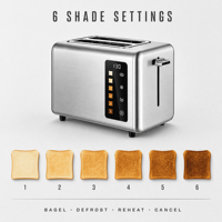 Grille-pain 2 tranches 900W en acier inoxydable à fentes courtes avec compte à rebours LED, fonctions réchauffage, décongélation, bagel et annulation, 6 niveaux de cuisson, 110V 220V