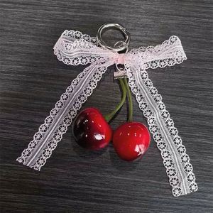 Porte-clés tendance en dentelle perlée avec nœud et cerises rouges, breloque cerise pour sacs de femme, accessoires cadeaux - Product Image 4