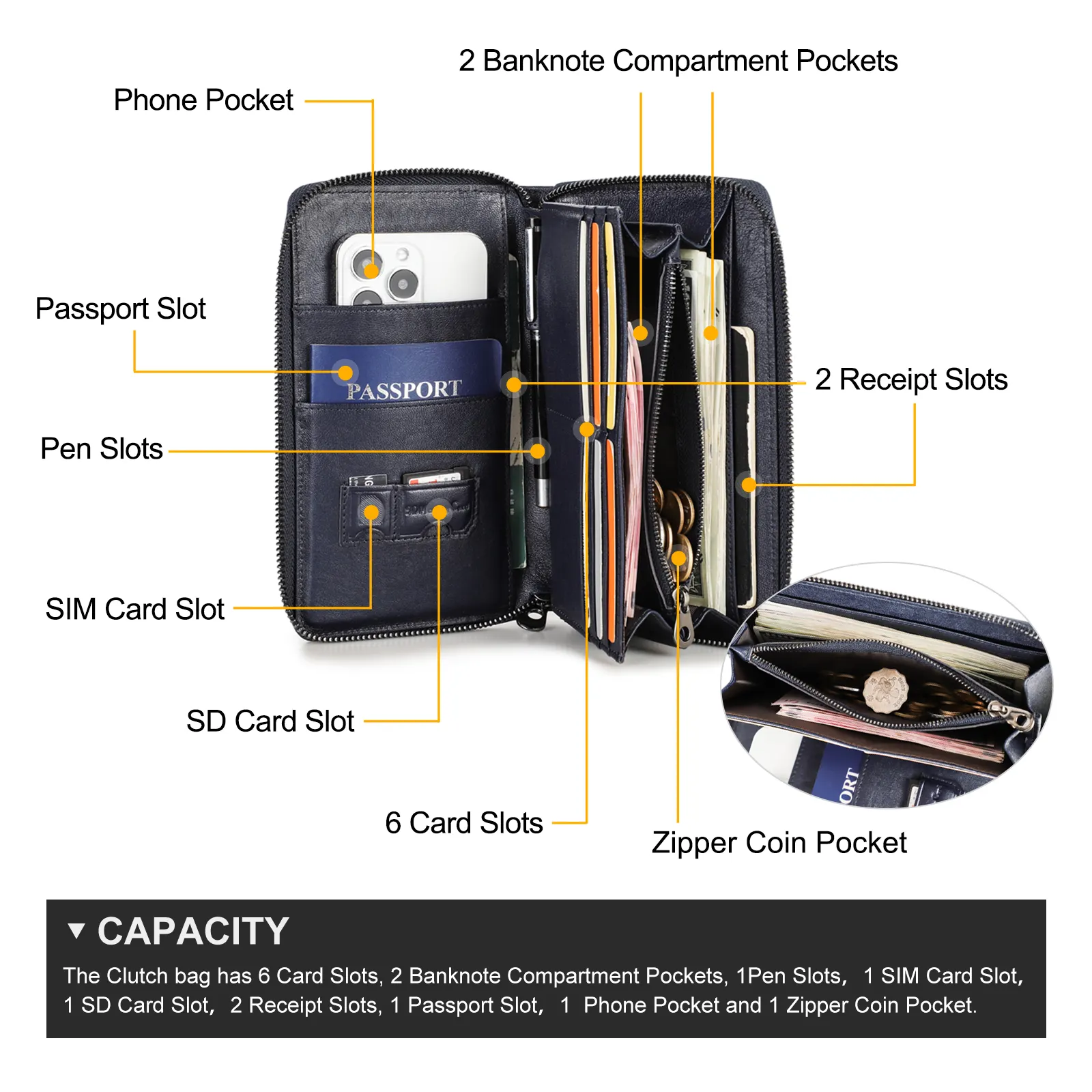 Dompet perjalanan kulit asli portabel semua dalam satu dengan pena kartu tempat paspor telepon dompet untuk pria tas tangan mewah kecil