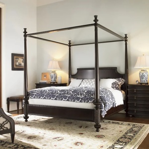 Cama clásica de madera maciza con dosel alto, diseño tradicional tallado a mano, tamaño King ajustable para dormitorio - Product Image 4