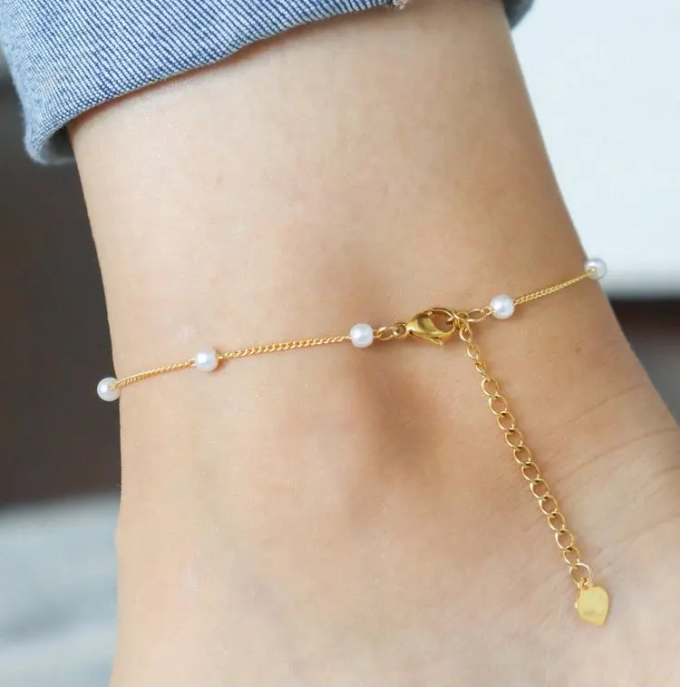 Dainty 18k Gold Plated Stainless Steel Chain Anklets Waterproof Bohemian Freshwater Pearl Anklet Bracelet Tarnish Free Jewelry