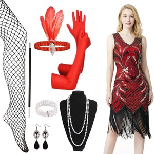 Vestido Retro de los Años 20 con Lentejuelas y Cuentas, Estilo Gatsby, Talla Grande, Conjunto de Disfraz para Mujer con Guantes, Collar, Ocho Piezas - Product Image 5