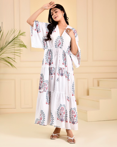 Le Jaipuri Designs Main Bloc Imprimé Floral Maxi Crêpe Soie Robe Décontractée Col V À Manches Longues Robes De Mode Durable - Product Image 4