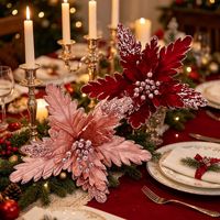 Vente en gros de fleurs de Poinsettia artificielles en paillettes rouges, dorées et argentées de 35 cm, fournitures de Noël, décoration d'arbre de Noël