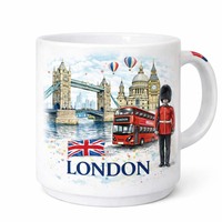 Mug en porcelaine 350 ml avec poignée, motif bus en dolomite, souvenir du Tower Bridge de Londres et du drapeau britannique, cadeau de voyage, compatible lave-vaisselle et micro-ondes