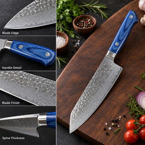 Juego de Cuchillos de Cocina de Acero de Damasco al por Mayor, Cuchillos de Chef Modernos con Patrón Martillado, Mango de Madera Pakka, Cuchillos Profesionales para Cocinar de 8-9.9 pulgadas - Product Image 5
