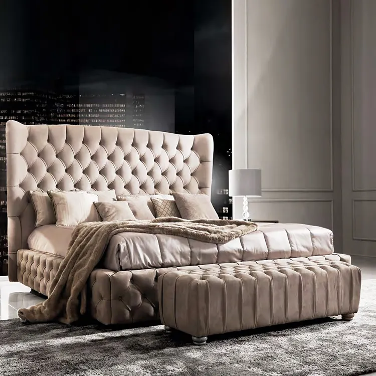 होटल घर बेडरूम फर्नीचर आधुनिक इतालवी लक्जरी राजा आकार बिस्तर कपड़े पूर्ण आकार ठोस लकड़ी बिस्तर फ्रेम बेडरूम सेट