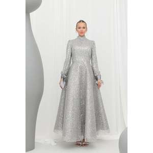 Puane Women's Elegant Long Sleeve Shiny Textured Evening Dress with Waist Belt Detail for Special Occasions, Gray - Product Image 2
