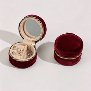 Eco-friendly Macaron-shaped Velvet Jewelry Box with <b>Mirror</b> Mini Zippered Travel Organizer for Rings Earrings <b>Small</b> Accessories - Product Image 1