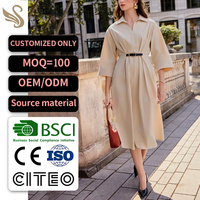 Robe midi élégante beige à col et ceinture, manches 3/4, personnalisable OEM ODM