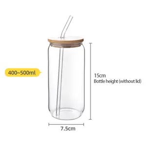 Gelas minum 14oz/16oz, gelas Tumbler kaca borosilikat tinggi Bening, dapat digunakan kembali, cangkir jus, cangkir teh dengan tutup bambu