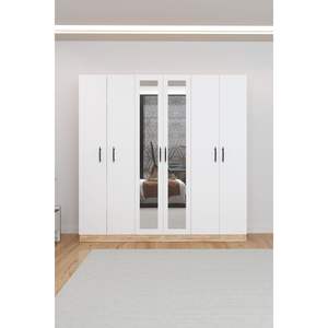 Armoire autoportante KALE moderne à 6 portes avec 4 tiroirs et 13 étagères, blanche, pour chambre à coucher et atelier, avec fonction pliable - Product Image 4