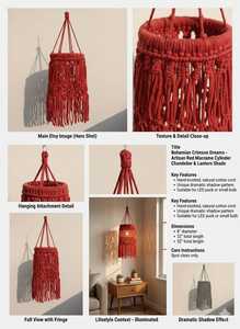 Lámpara Colgante Boho de Macramé Rojo, Ecológica, para Interiores/Exteriores, Tejida a Mano, Redonda, Decoración para Sala de Estar/Hogar - Product Image 3