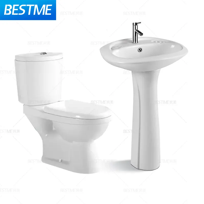 Juegos de artículos sanitarios de cerámica populares, juegos de lavabo de Pedestal para inodoro, juego de cuencos de baño blanco elegante