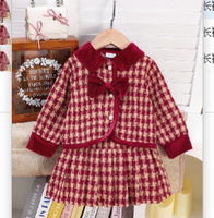 Setelan 2 Potong untuk Bayi Perempuan, Mantel Tweed Kotak-kotak, Rok Lipit, Kerah Beludru dengan Hiasan Pita, Setelan Anak Perempuan untuk Liburan dan Ulang Tahun